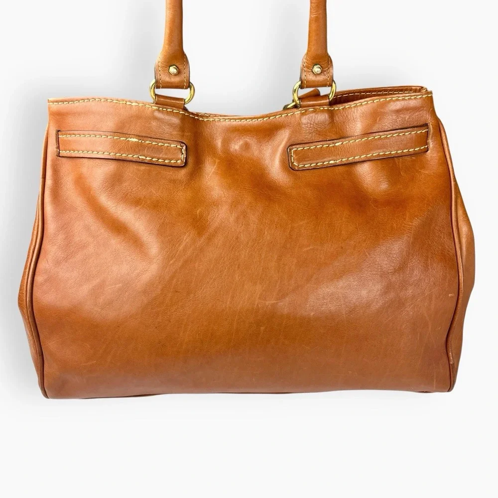 Vintage Brown Leather Double Handle Tote Bag Satchel Horse Bit Lock Horseshoe‎
